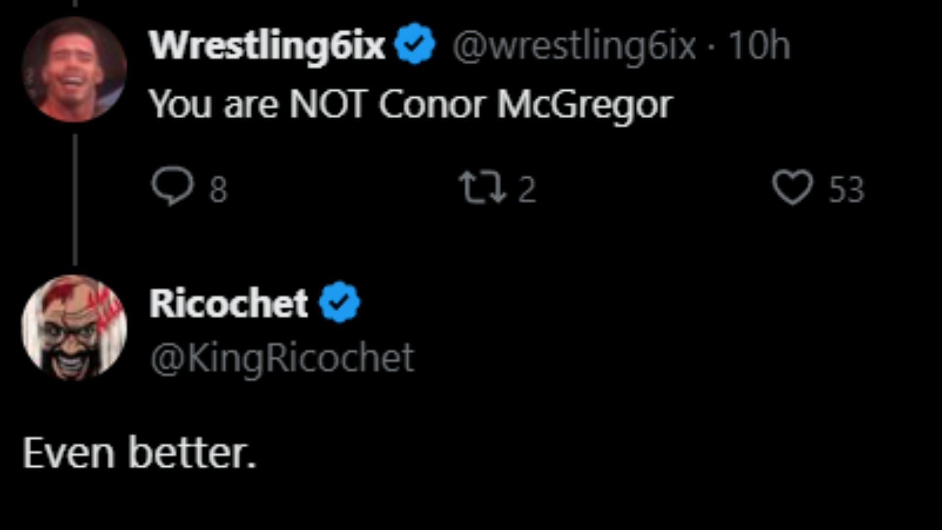 Ricochet replies to a fan. (Images via Ricochet's X)